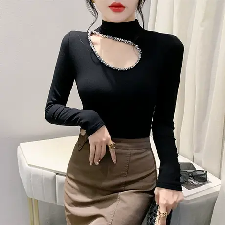 秋冬新款加厚磨毛上衣性感镂空烫钻T恤女长袖欧货复古修身打底衫商品大图