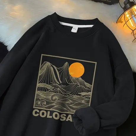 450g重磅国潮卫衣男秋冬款长袖t恤保暖摇粒绒圆领无帽黑色上衣服商品大图