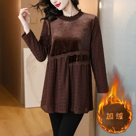 中年妈妈金丝绒打底衫女秋冬季宽松加大码女装休闲遮肚子显瘦上衣商品大图