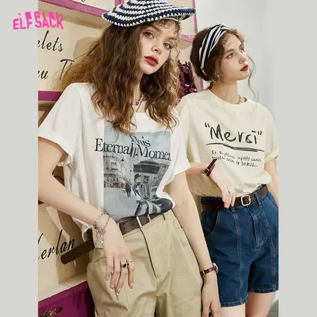 妖精的口袋白色印花短袖t恤女2024春夏新款美式复古宽松休闲上衣图片