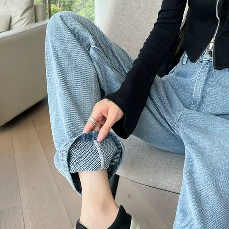 阔腿牛仔裤女2024年新款春秋高档宽松浅色高腰复古直筒垂感长裤子商品大图