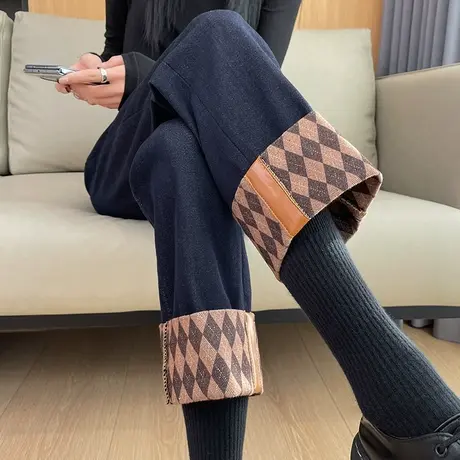 加绒卷边牛仔裤女春秋高腰宽松显瘦烟管裤抓薄绒九分小个子直筒裤商品大图