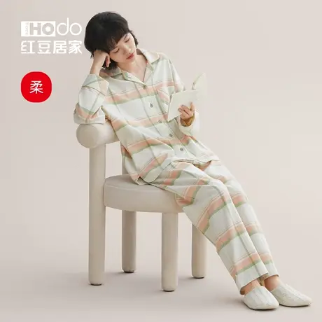 【柔柔棉】红豆居家服春秋纯棉睡衣女超柔软磨毛格纹宽松大码套装商品大图