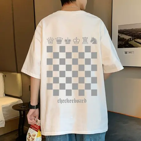 夏季短袖T恤男ins潮牌圆领宽松港风潮流象棋盘格子纯棉半袖体恤薄商品大图