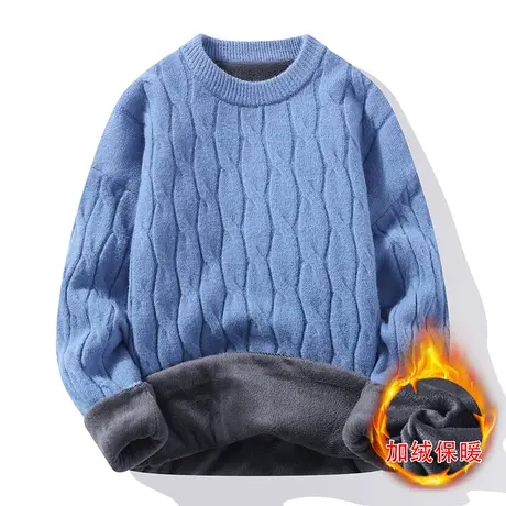 冬季男士毛衣加绒加厚圆领保暖线衣打底针织衫扭花休闲纯色上衣潮商品大图