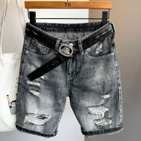 2021夏季新款破洞牛仔短裤男潮牌五分中裤子男修身韩版潮流男马裤商品大图