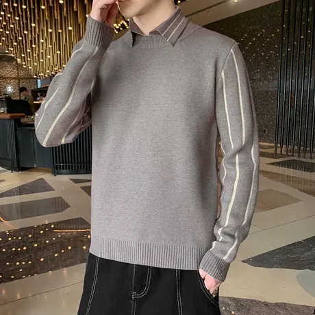 2025毛衣男士条纹假两件衬衫领秋装上衣针织衫毛衫韩版潮流打底衫商品大图