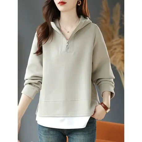宝诗黎连帽拉链半开领拼接假两件温柔卫衣女2024春季新款百搭上衣商品大图