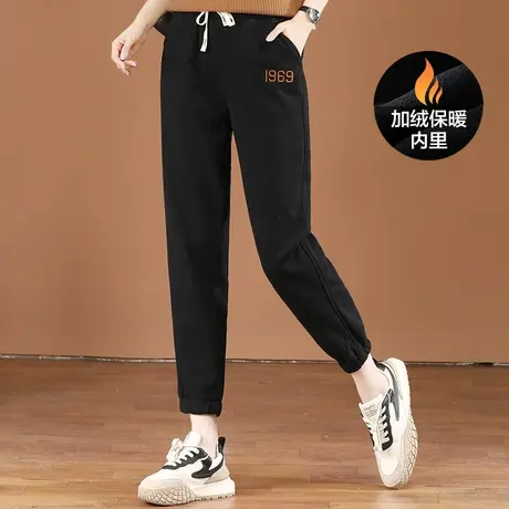 韩潮袭人松紧腰刺绣加绒运动裤女2023冬新款显瘦束脚加厚休闲卫裤图片