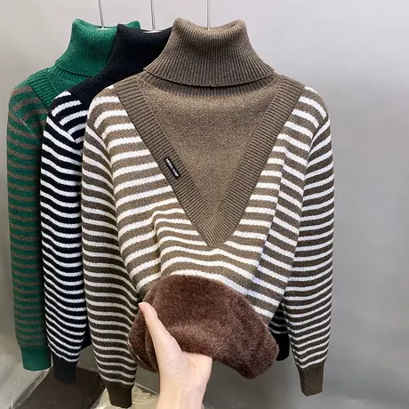 加绒高领毛衣女一体绒加厚打底衫2023秋冬新款条纹针织衫内搭上衣商品大图