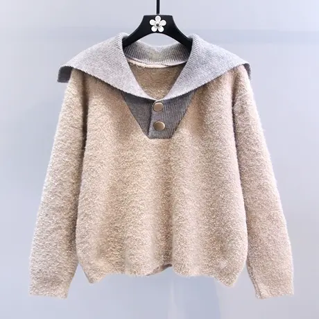 日系复古海军领毛衣女秋冬2023新款学院风宽松拼色短款针织开衫商品大图