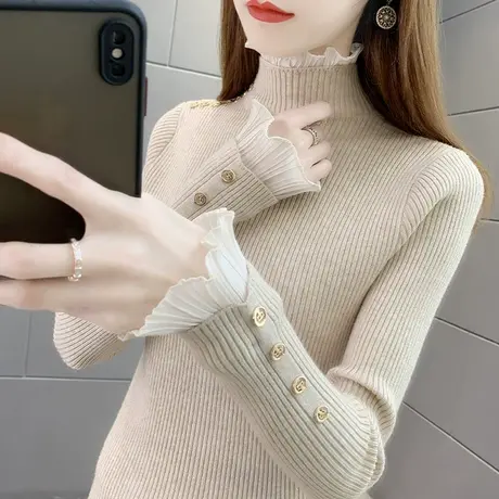 2023年秋冬新款半高领套头打底衫女修身毛衣蕾丝拼接针织衫女上衣商品大图