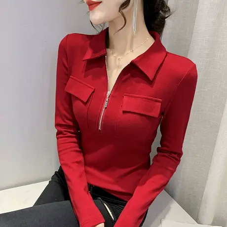 女装2024新款潮时尚拉链长袖T恤洋气POLO领上衣加绒打底衫女秋冬商品大图