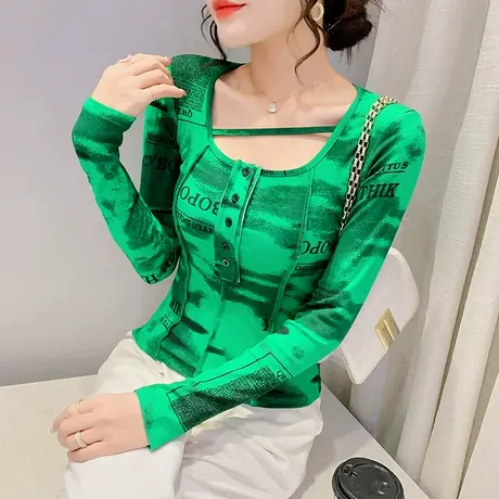 扎染印花打底衫女2024春秋新款网红高腰辣妹上衣性感U领T恤长袖商品大图