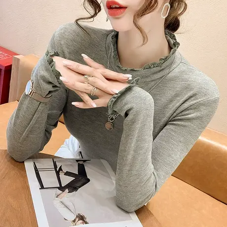 加厚德绒半高领打底衫女秋冬新款设计感木耳边上衣显瘦T恤长袖ins商品大图