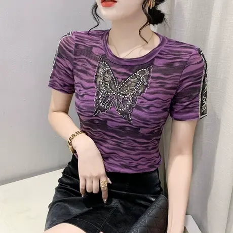 性感镂空T恤女短袖夏季网纱拼接小衫扎染印花上衣设计感修身体恤商品大图