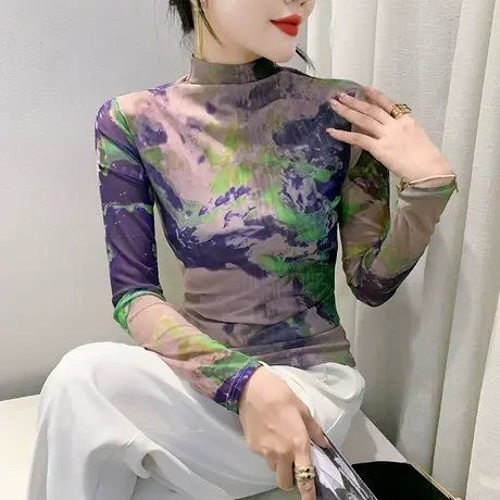 气质减龄内搭T恤女长袖性感半高领扎染印花上衣洋气修身打底衫ins图片