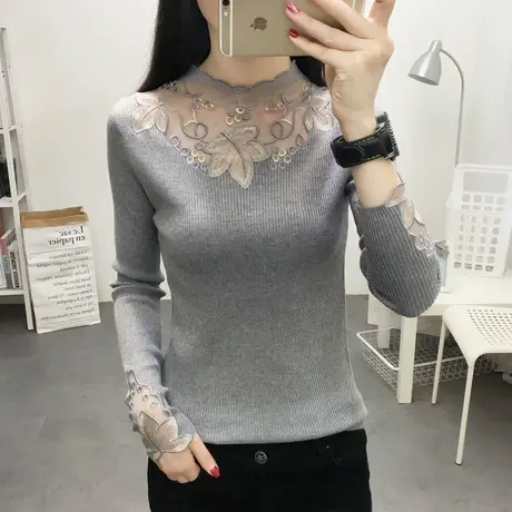 春秋新款2020薄款蕾丝修身打底衫长袖绣花针织衫套头纯色百搭上衣商品大图