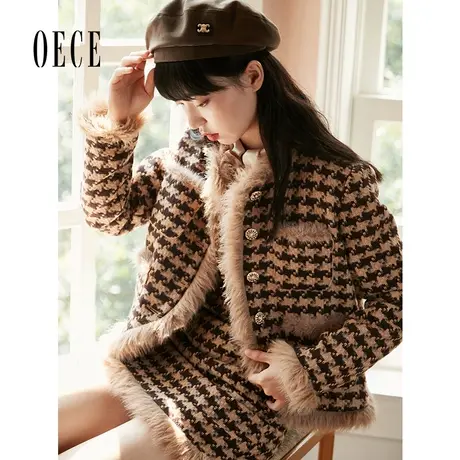 Oece复古千鸟格毛呢外套冬新款女气质小个子毛毛大衣图片