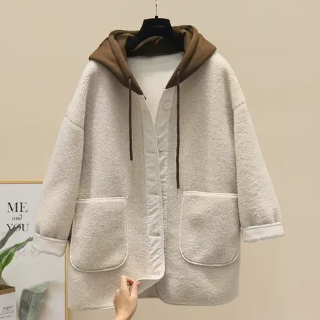 欧洲站2023秋冬季新款连帽排扣大口袋纯色长袖羊羔毛上衣外套女潮商品大图