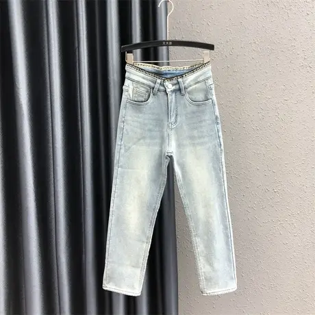 个性贴布直筒裤女2023秋冬新款浅蓝色加绒加厚小众百搭牛仔烟管裤图片