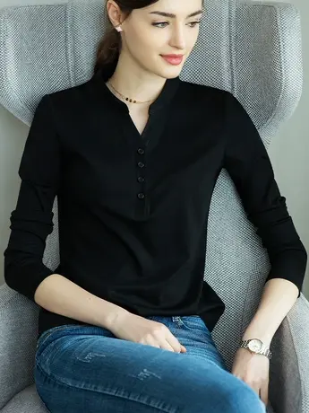 长袖t恤女宽松显瘦黑色休闲针织v领上衣2023春季新款内搭打底衫商品大图