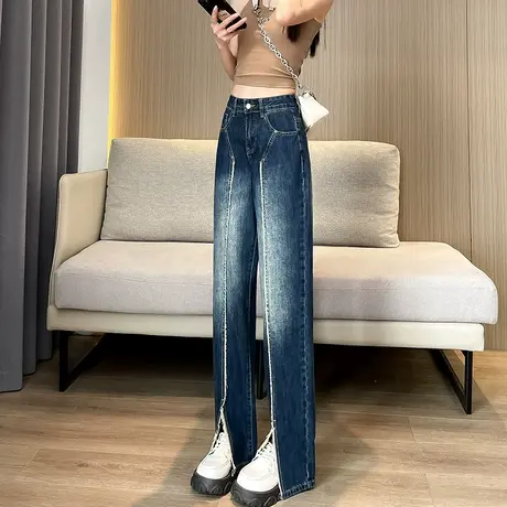 开叉阔腿牛仔裤女2023年春秋新款高腰窄版显瘦复古蓝毛边直筒裤潮商品大图