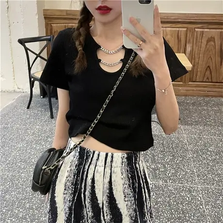 大码女装正肩短袖t恤女2024年新款夏季胖mm设计感小众甜辣风上衣商品大图