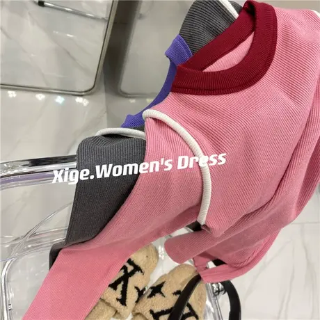 撞色小圆领套头针织衫女23早春设计感小香风气质修身内搭打底毛衣商品大图