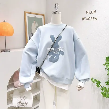 2023早春新款韩国东大门ins兔子假两件套头卫衣长袖上衣慵懒大码商品大图