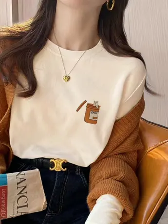 2023早秋新款欧货女装仿棉长袖t恤冬季加绒内搭打底衫正肩上衣服商品大图