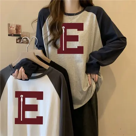 ins超火撞色拼接插肩长袖T恤女冬季加厚德绒保暖内搭打底小衫上衣商品大图