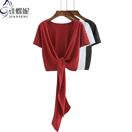 夏新款韩版纯白V领修身显瘦短款高腰开衫绑带短袖体恤上衣纯色女商品大图