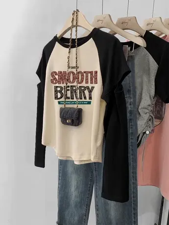 正肩T恤女长袖韩版chic大码插肩袖设计感街头风ins潮打底衫上衣秋商品大图