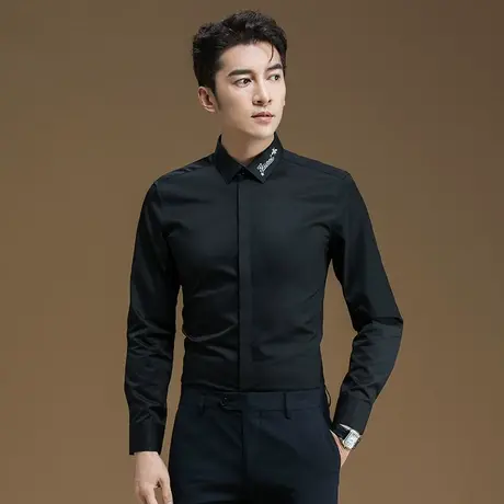 衬衫男长袖商务修身正装字母刺绣寸衫韩版休闲黑色春季款男士衬衣商品大图