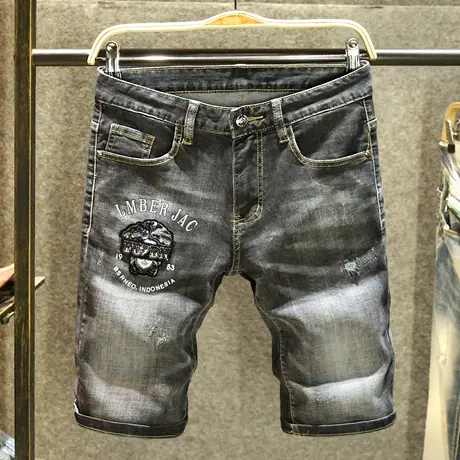 夏季磨破牛仔短裤男五分裤ins潮大牌烫钻中裤时尚青年欧货短裤子图片
