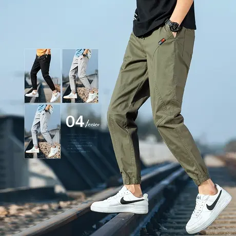 军绿色纯棉裤子男裤夏季薄款潮牌工装裤束脚宽松九分休闲裤青少年商品大图