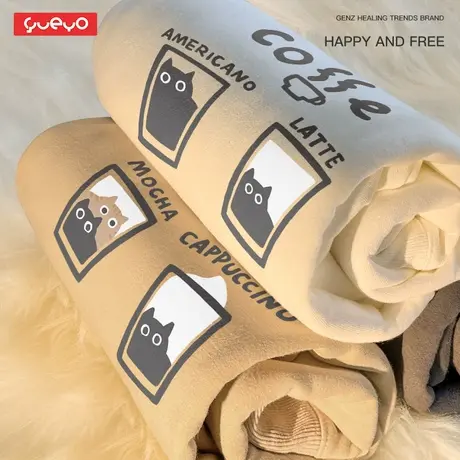 悦游 猫咖啡配方 秋季加绒圆领卫衣男咖啡色美式高街小众设计感图片