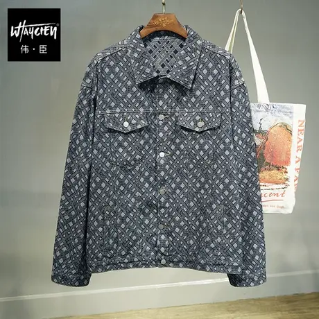 伟臣2023秋季新品大码男式格子牛仔衣胖子加肥加大外套肥佬夹克男商品大图