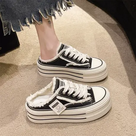 包头半拖鞋女秋外穿2024年新款厚底百搭无后跟懒人帆布鞋休闲凉拖图片