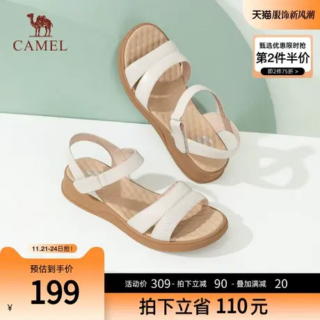 骆驼女鞋2024春夏新款休闲百搭平底凉鞋女软底一字带妈妈凉鞋女图片