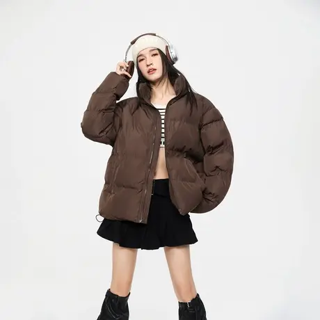 潮牌纯色立领棉服女冬季加厚外套2023新款美式复古宽松面包服棉衣商品大图