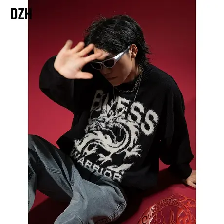 男生仿貂毛提花毛衣男冬季加厚潮牌龙年针织衫圆领长袖上衣毛线衣图片