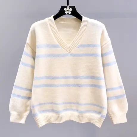 慵懒风温柔软糯V领条纹毛衣女冬季2023新款宽松设计感休闲针织衫商品大图