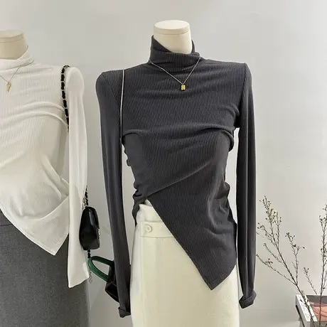 2024秋冬开叉高领打底衫不规则小心机长袖内搭t恤上衣女修身显瘦商品大图