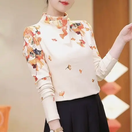 漂亮时尚德绒保暖半高领打底衫女2023年新款秋冬内搭长袖t恤流行商品大图