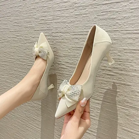 高跟鞋女细跟2024春秋新款气质女神范尖头水钻蝴蝶结名媛礼服单鞋图片