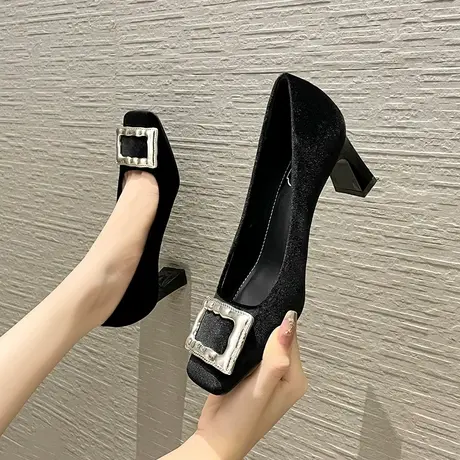 高跟鞋女2024春秋季新款法式小众方扣粗跟百搭黑色工作鞋软皮单鞋图片