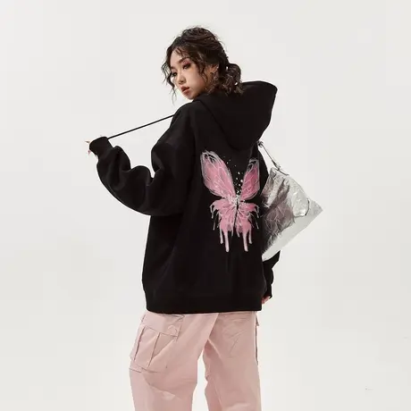 YEP复古黑色蝴蝶连帽卫衣女oversize潮牌印花宽松外套上衣情侣装商品大图