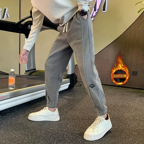 春秋季潮牌束脚卫裤男加绒加厚裤子2023新款纯色潮流冬款休闲裤帅商品大图